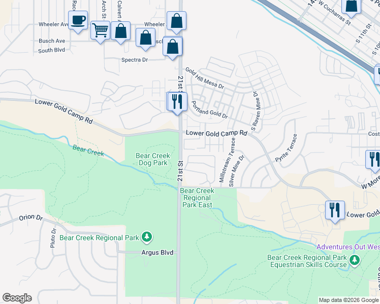 map of restaurants, bars, coffee shops, grocery stores, and more near 2187 Giltshire Drive in Colorado Springs