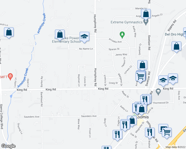 map of restaurants, bars, coffee shops, grocery stores, and more near 5565 Joan Way in Loomis