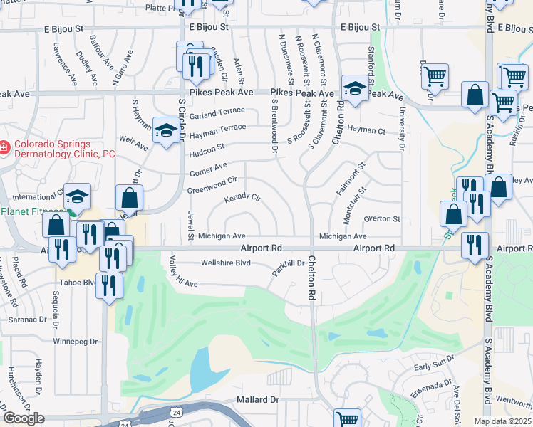map of restaurants, bars, coffee shops, grocery stores, and more near 355 Kenady Circle in Colorado Springs