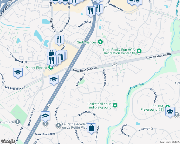 map of restaurants, bars, coffee shops, grocery stores, and more near 14022C Grumble Jones Court in Centreville
