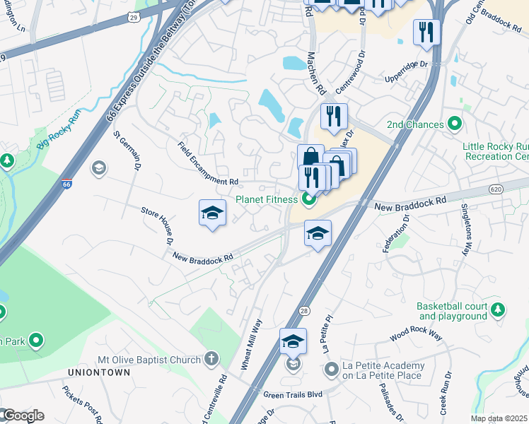 map of restaurants, bars, coffee shops, grocery stores, and more near 14303 Uniform Drive in Centreville