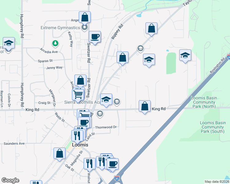 map of restaurants, bars, coffee shops, grocery stores, and more near 3400 Rachel Court in Loomis