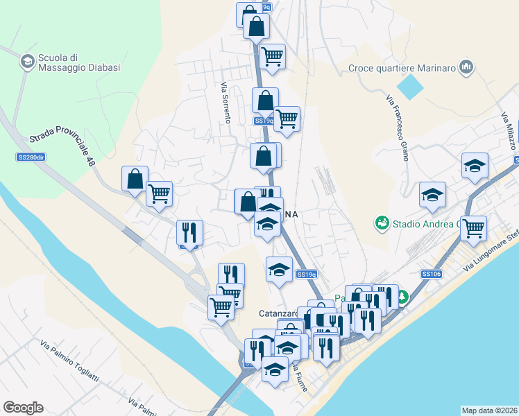 map of restaurants, bars, coffee shops, grocery stores, and more near Via Cattaneo Carlo in Catanzaro