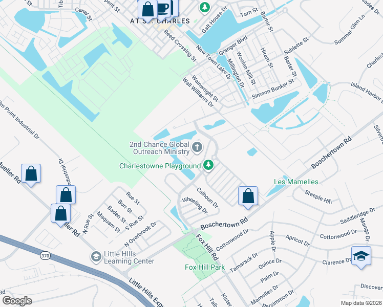 map of restaurants, bars, coffee shops, grocery stores, and more near 3133 Timberlodge Landing in Saint Charles