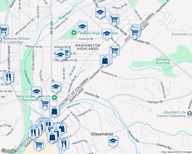 map of restaurants, bars, coffee shops, grocery stores, and more near 4725 Springmaid Lane in Oxon Hill