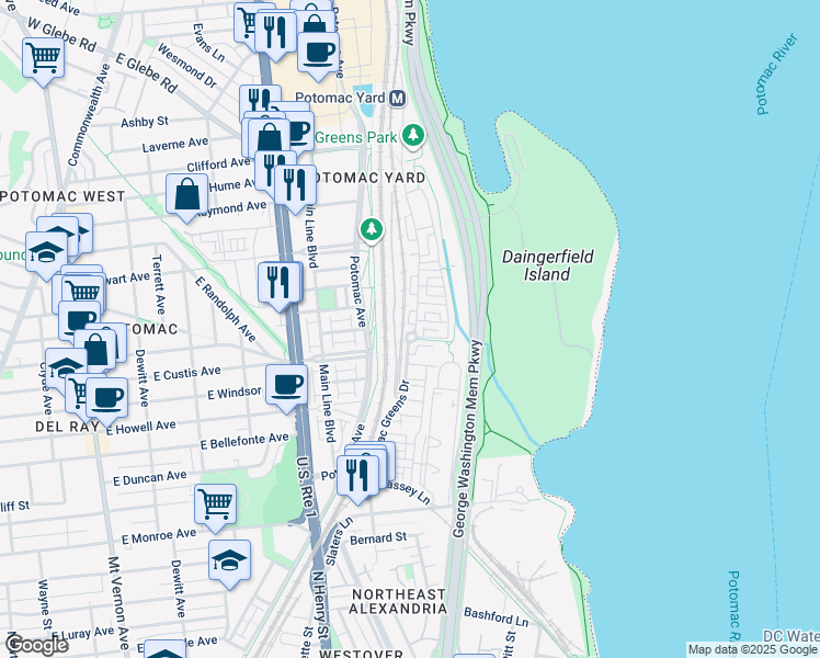 map of restaurants, bars, coffee shops, grocery stores, and more near 1714 Potomac Greens Drive in Alexandria