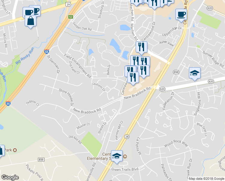 map of restaurants, bars, coffee shops, grocery stores, and more near 14301 Uniform Drive in Centreville