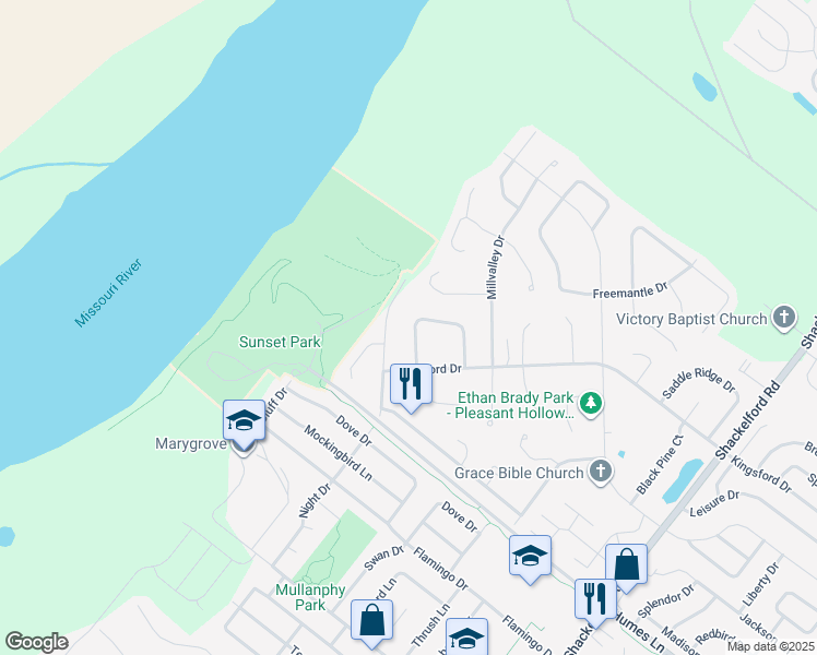 map of restaurants, bars, coffee shops, grocery stores, and more near 1865 Battlefield Drive in Florissant