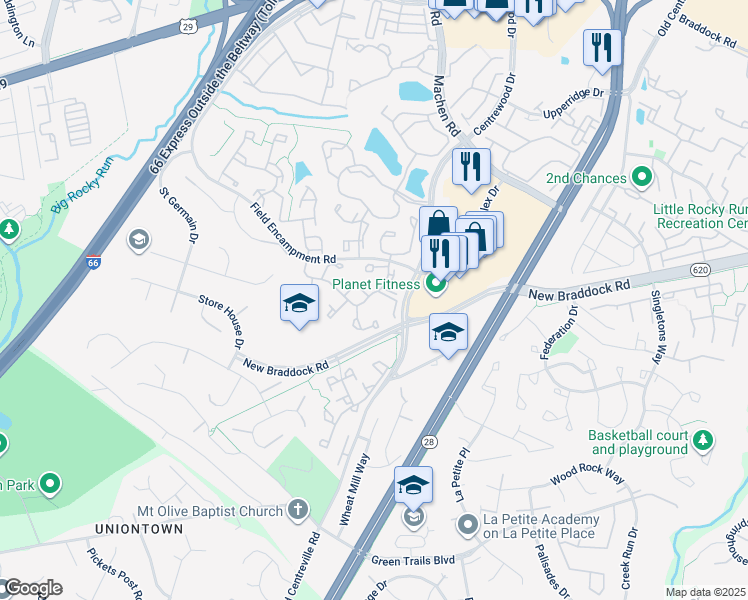 map of restaurants, bars, coffee shops, grocery stores, and more near 14301 Uniform Drive in Centreville