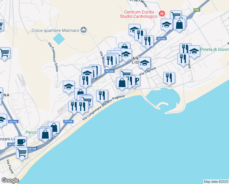map of restaurants, bars, coffee shops, grocery stores, and more near 6 Via Ferdinando Magellano in Catanzaro