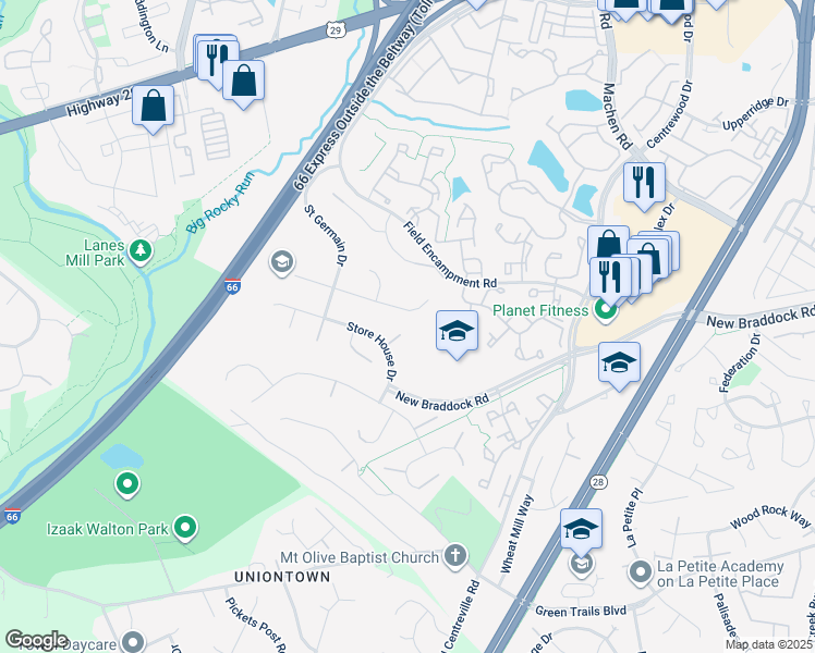 map of restaurants, bars, coffee shops, grocery stores, and more near 14565 Woodland Ridge Drive in Centreville