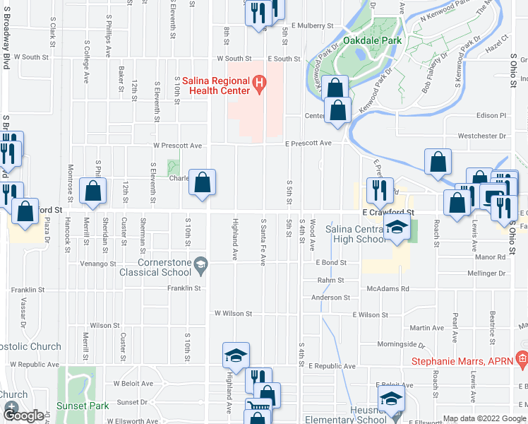 map of restaurants, bars, coffee shops, grocery stores, and more near 701 South Santa Fe Avenue in Salina