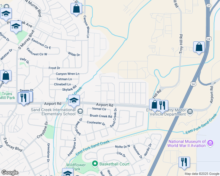 map of restaurants, bars, coffee shops, grocery stores, and more near 275 Ellers Grove in Colorado Springs