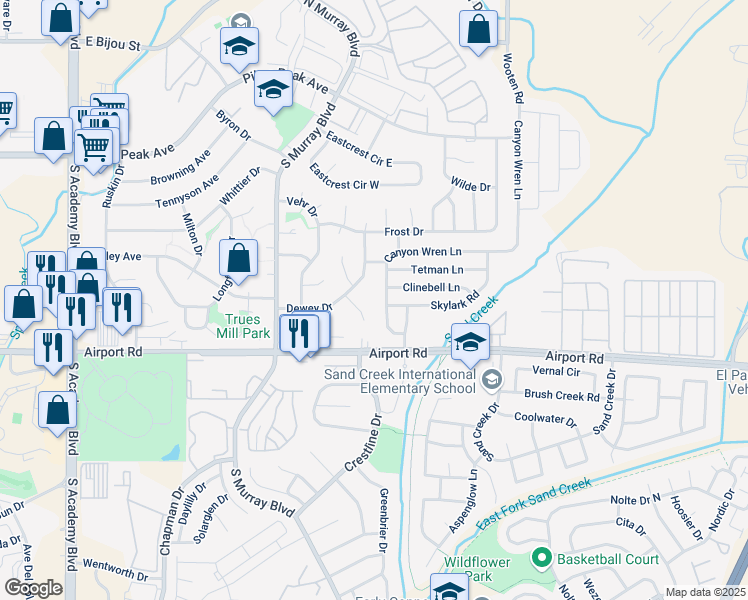 map of restaurants, bars, coffee shops, grocery stores, and more near 4421 Dewey Drive in Colorado Springs