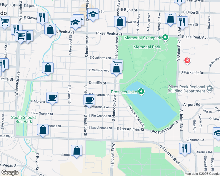 map of restaurants, bars, coffee shops, grocery stores, and more near 1019 East Costilla Street in Colorado Springs