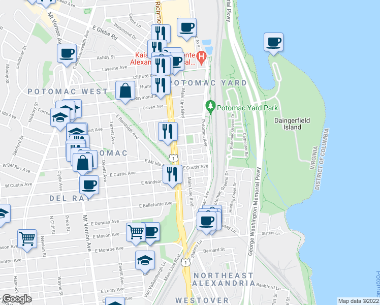 map of restaurants, bars, coffee shops, grocery stores, and more near 101 Independence Avenue Southeast in Washington