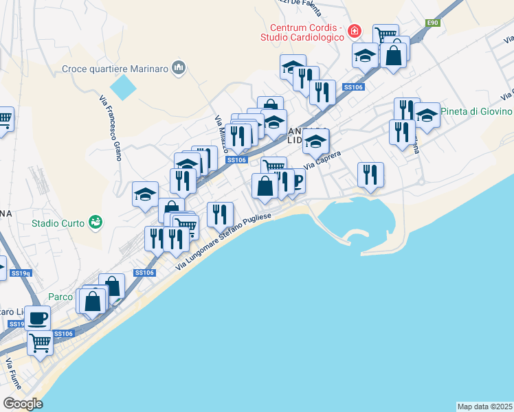 map of restaurants, bars, coffee shops, grocery stores, and more near 6 Via Ferdinando Magellano in Catanzaro