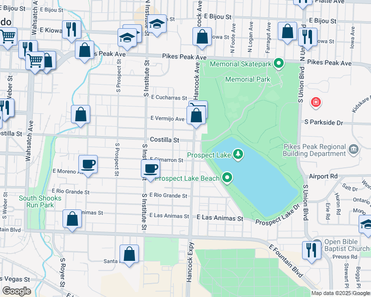 map of restaurants, bars, coffee shops, grocery stores, and more near 1019 East Costilla Street in Colorado Springs