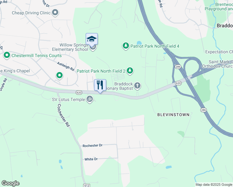 map of restaurants, bars, coffee shops, grocery stores, and more near Braddock Road in Clifton