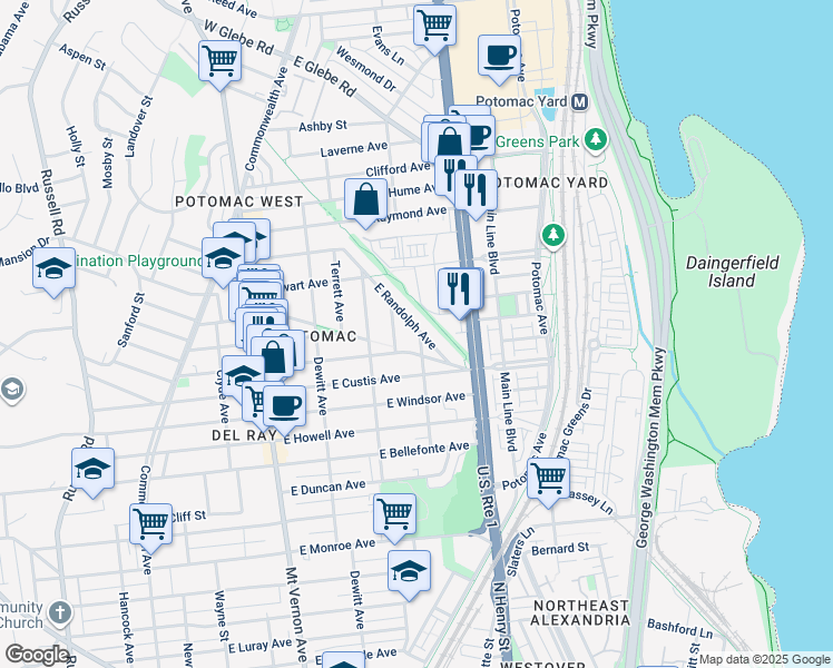 map of restaurants, bars, coffee shops, grocery stores, and more near 2402 East Randolph Avenue in Alexandria