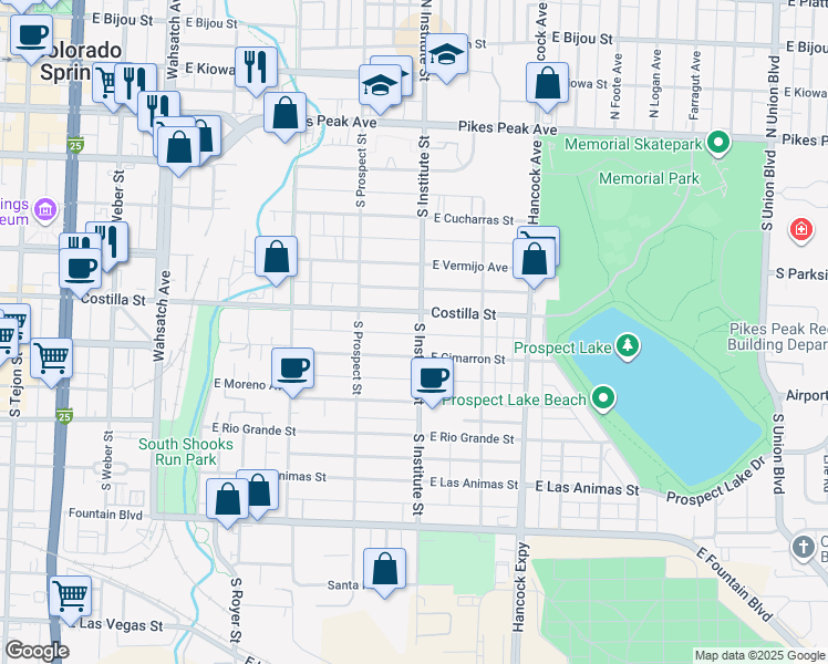 map of restaurants, bars, coffee shops, grocery stores, and more near 905 East Costilla Street in Colorado Springs