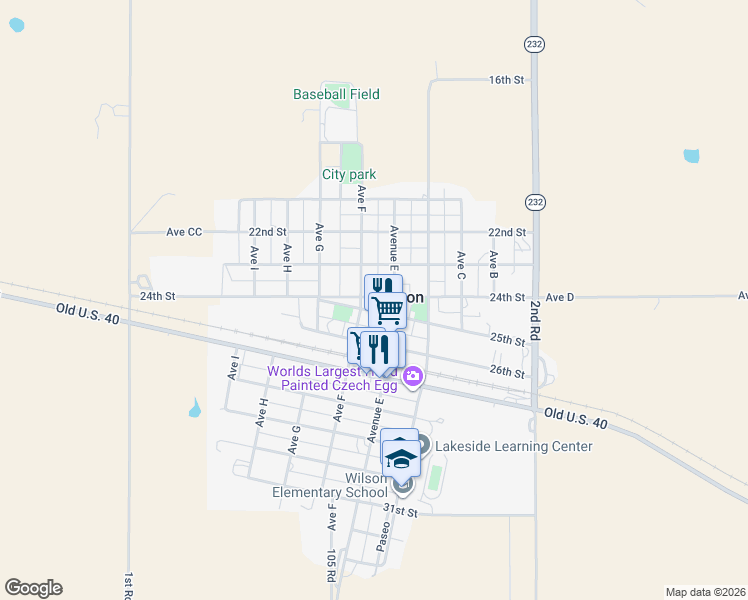 map of restaurants, bars, coffee shops, grocery stores, and more near 2301-2399 Ave F in Wilson