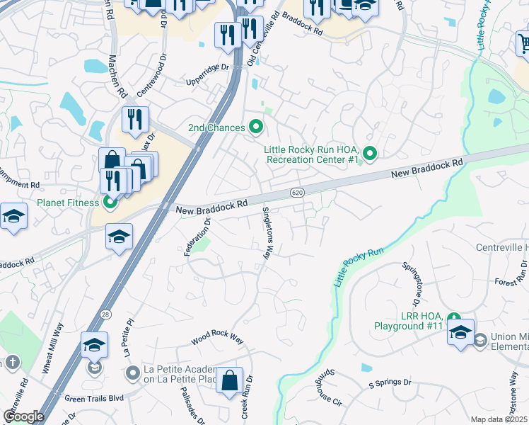 map of restaurants, bars, coffee shops, grocery stores, and more near 14005 Grumble Jones Court in Centreville