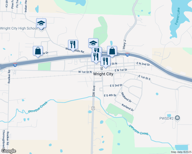 map of restaurants, bars, coffee shops, grocery stores, and more near 110 West 1st Street South in Wright City