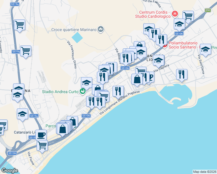 map of restaurants, bars, coffee shops, grocery stores, and more near 10 Via Livorno in Catanzaro