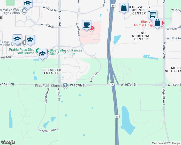 map of restaurants, bars, coffee shops, grocery stores, and more near 8019 West 166th Terrace in Overland Park