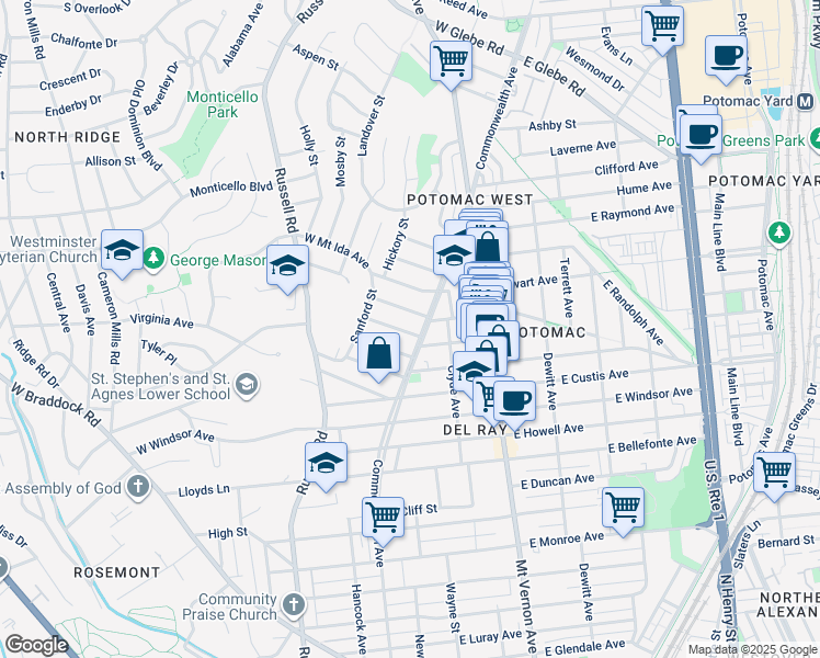map of restaurants, bars, coffee shops, grocery stores, and more near 5 West Caton Avenue in Alexandria