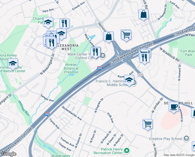 map of restaurants, bars, coffee shops, grocery stores, and more near 1541A North Van Dorn Street in Alexandria