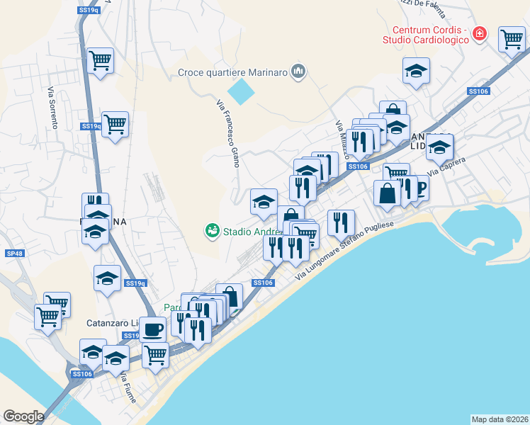 map of restaurants, bars, coffee shops, grocery stores, and more near 14 Via Francesco Grano in Catanzaro