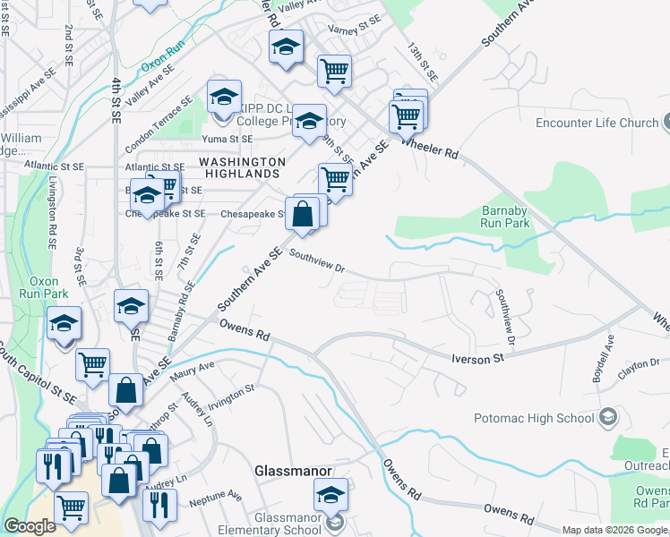 map of restaurants, bars, coffee shops, grocery stores, and more near 1311 Southview Drive in Oxon Hill