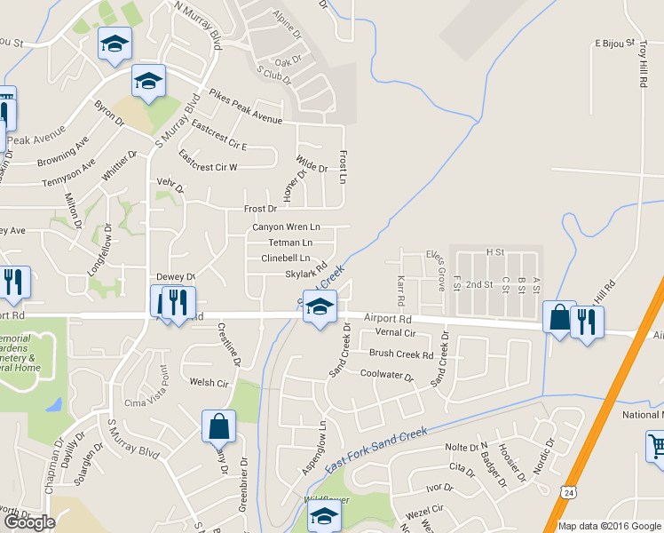 map of restaurants, bars, coffee shops, grocery stores, and more near 4704 Clinebell Lane in Colorado Springs