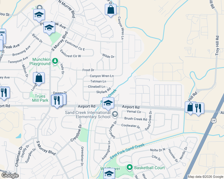 map of restaurants, bars, coffee shops, grocery stores, and more near 4704 Clinebell Lane in Colorado Springs