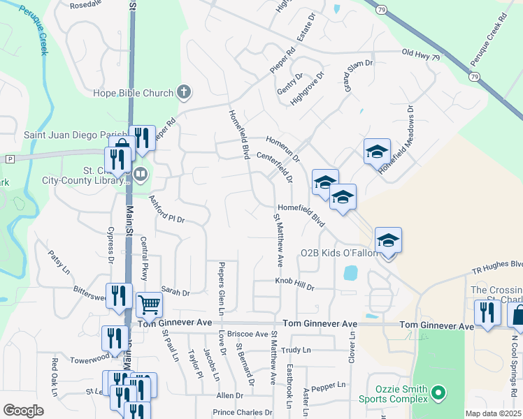 map of restaurants, bars, coffee shops, grocery stores, and more near 60 Homefield Manors Court in O'Fallon