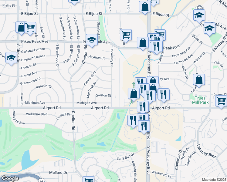 map of restaurants, bars, coffee shops, grocery stores, and more near 223 University Drive in Colorado Springs