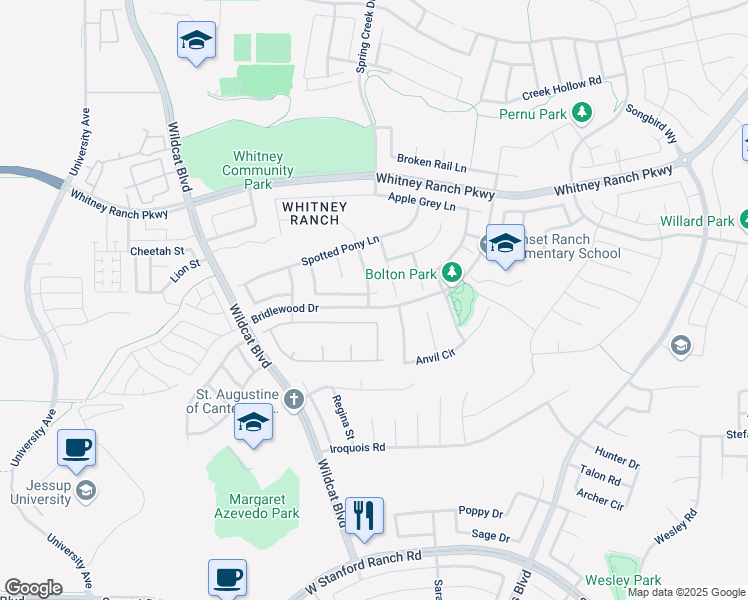 map of restaurants, bars, coffee shops, grocery stores, and more near 2100 Browning Court in Rocklin