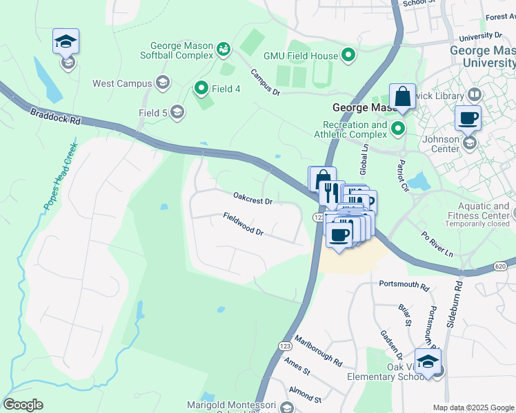 map of restaurants, bars, coffee shops, grocery stores, and more near 4891 Oakcrest Drive in Fairfax