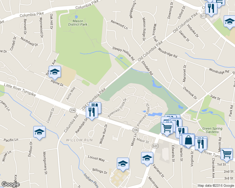 map of restaurants, bars, coffee shops, grocery stores, and more near 6565 Cypress Point Road in Alexandria