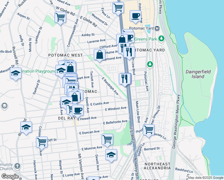 map of restaurants, bars, coffee shops, grocery stores, and more near 2310 East Randolph Avenue in Alexandria