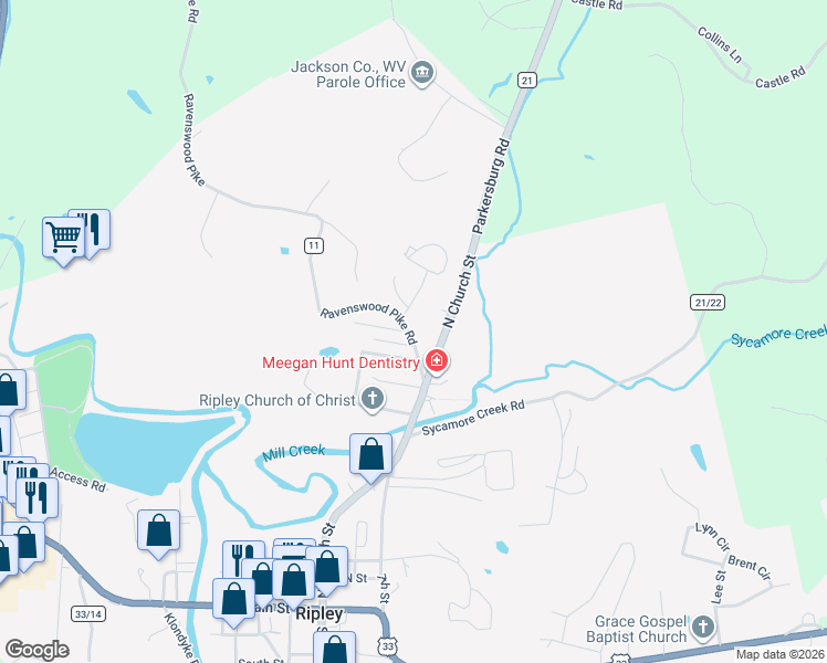 map of restaurants, bars, coffee shops, grocery stores, and more near 119 Ravenswood Pike in Ripley