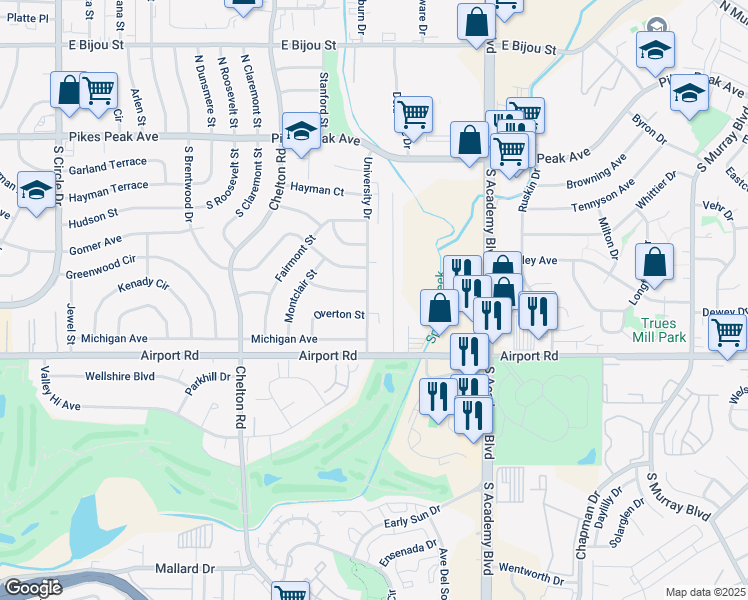 map of restaurants, bars, coffee shops, grocery stores, and more near 223 University Drive in Colorado Springs