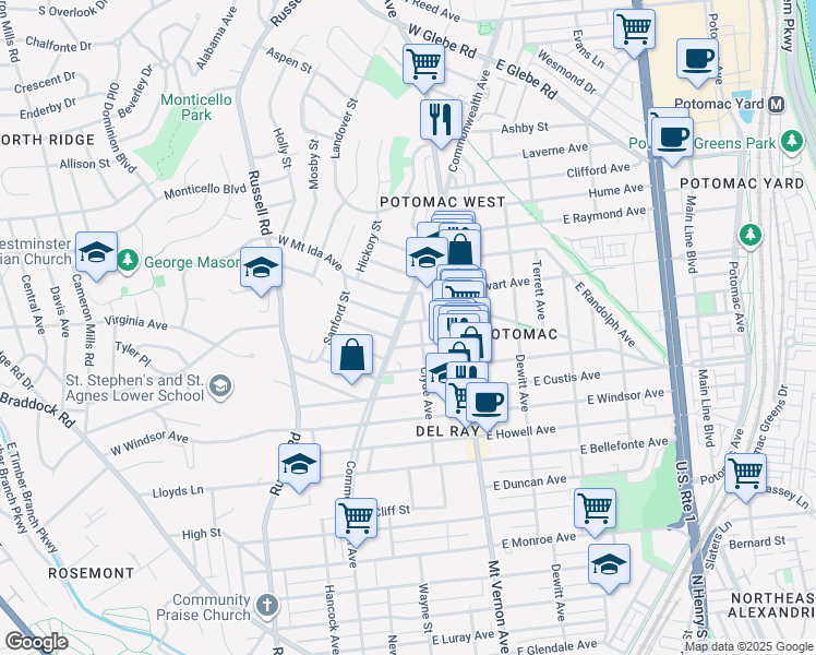 map of restaurants, bars, coffee shops, grocery stores, and more near 1 East Uhler Avenue in Alexandria