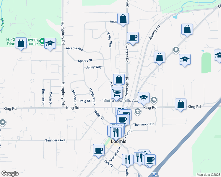 map of restaurants, bars, coffee shops, grocery stores, and more near 6320 Arcadia Avenue in Loomis