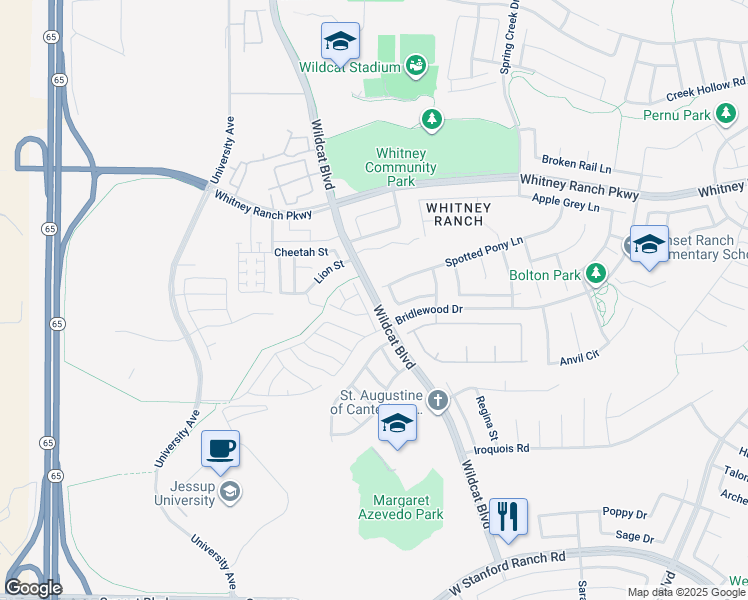 map of restaurants, bars, coffee shops, grocery stores, and more near Wildcat Boulevard in Rocklin