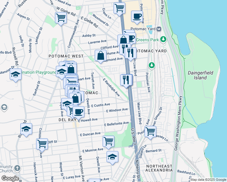 map of restaurants, bars, coffee shops, grocery stores, and more near 2310 East Randolph Avenue in Alexandria