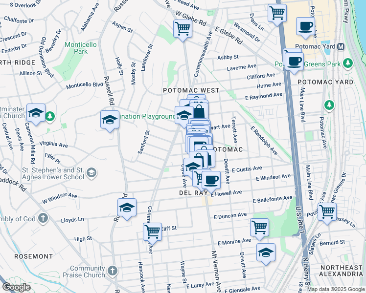 map of restaurants, bars, coffee shops, grocery stores, and more near 101 East Uhler Avenue in Alexandria