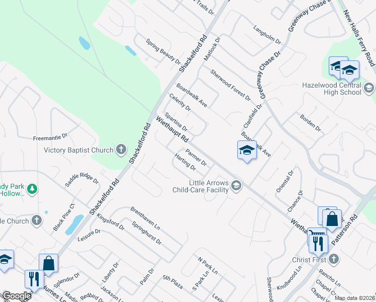 map of restaurants, bars, coffee shops, grocery stores, and more near 1241 Parmer Drive in Florissant